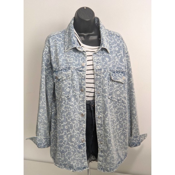 Womens Vintage Blue Denim Jean Floral Jacket STOOSH 90s Y2K Button Down Size L - Picture 5 of 13